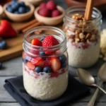 Jar of brown sugar overnight oats topped with fresh berries and nuts