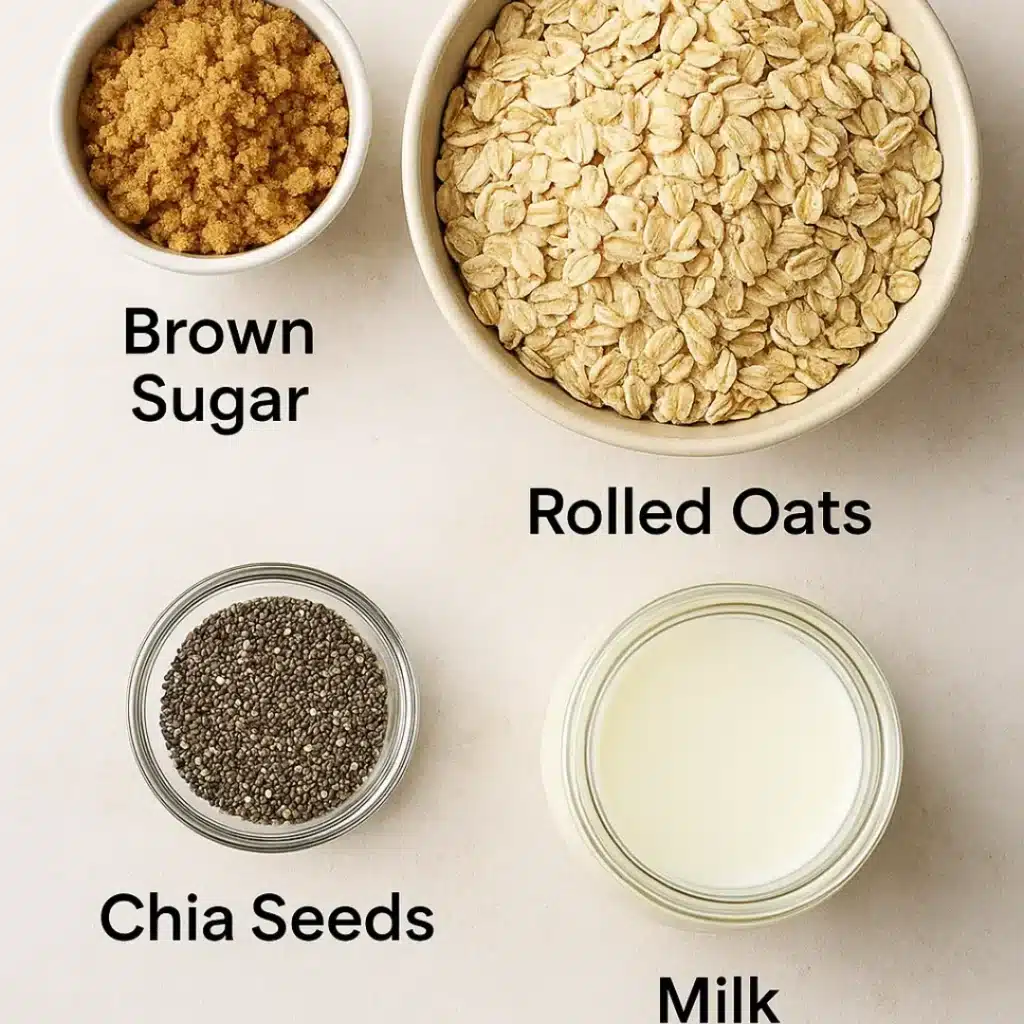 Flat lay of Brown Sugar Overnight Oats ingredients including rolled oats, brown sugar, milk, and chia seeds with simple instructions