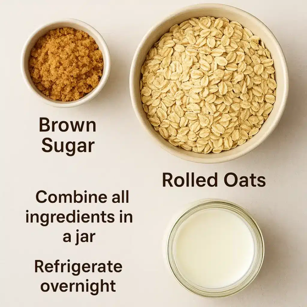 Instructions for making Brown Sugar Overnight Oats with rolled oats, milk, and brown sugar—combine ingredients in a jar and refrigerate overnight