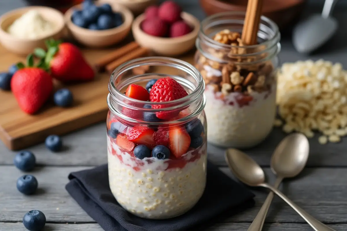 Jar of brown sugar overnight oats topped with fresh berries and nuts