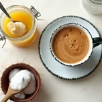 A cup of Bulletproof Coffee topped with frothy butter, sitting on a wooden table next to coffee beans and a stick of butter