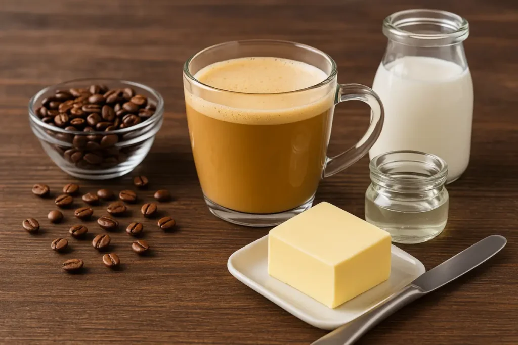 Ingredients for Bulletproof Coffee including brewed coffee, grass-fed butter, and MCT oil on a kitchen counter