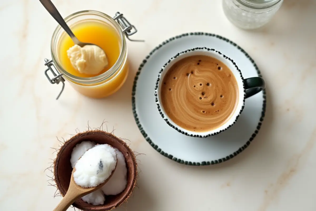 A cup of Bulletproof Coffee topped with frothy butter, sitting on a wooden table next to coffee beans and a stick of butter