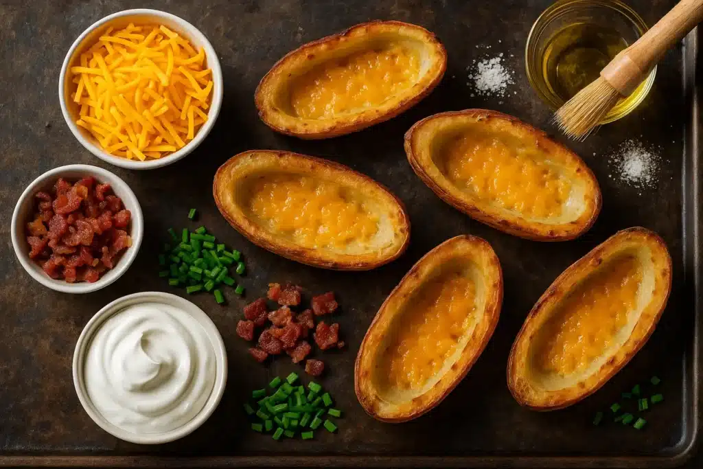 Fresh ingredients for crispy potato skins including russet potatoes, shredded cheese, sour cream, bacon, and green onions.