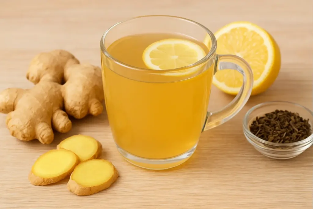 A warm cup of ginger tea served with fresh ginger slices and lemon on a wooden table