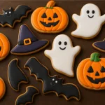 Decorated Halloween sugar cookies shaped like pumpkins, ghosts, bats, and spiders on a festive background