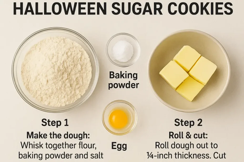 Ingredients for Halloween sugar cookies laid out on a table, followed by a bowl of mixed dough being stirred with a wooden spoon
