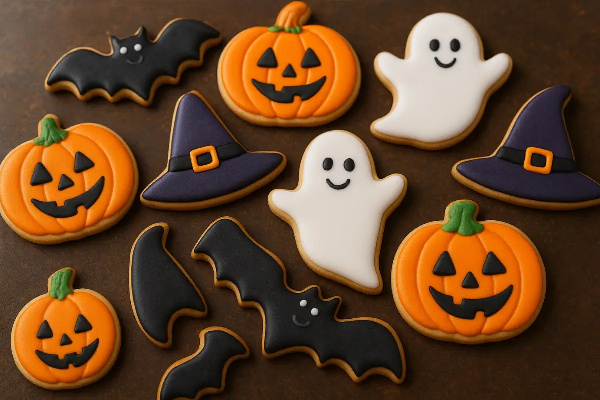 Decorated Halloween sugar cookies shaped like pumpkins, ghosts, bats, and spiders on a festive background