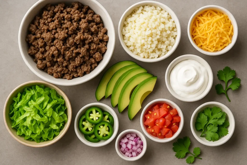 Ingredients for a Keto Taco Bowl including ground beef, avocado, shredded cheese, lettuce, cherry tomatoes, sour cream, jalapeños, and cauliflower rice
