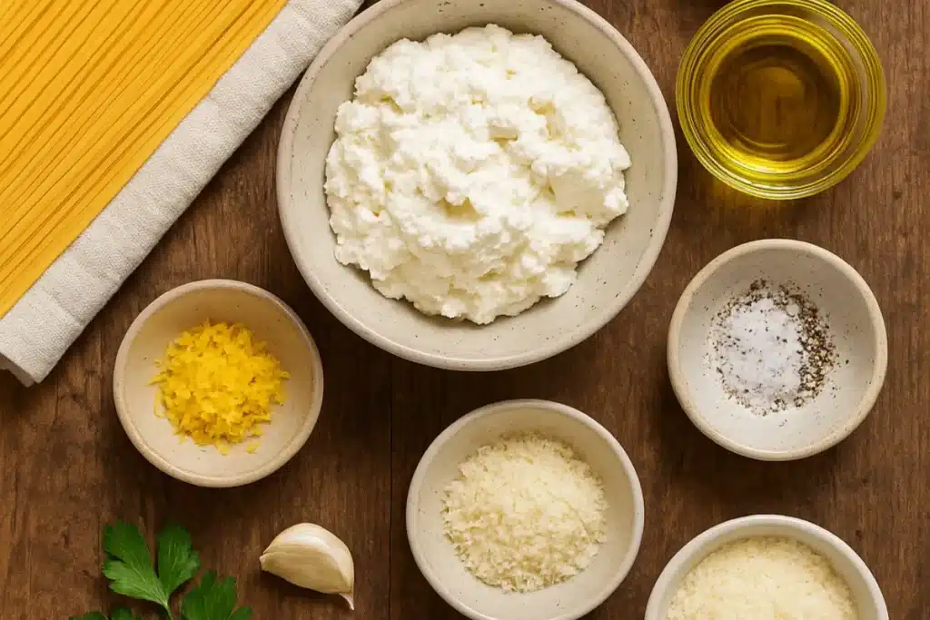 Fresh ingredients for lemon ricotta pasta: lemon, ricotta cheese, pasta, basil, garlic, and black pepper.