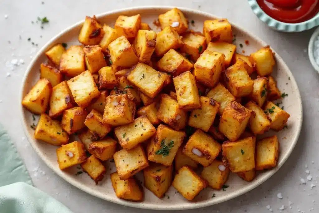 Crispy golden air fryer potatoes served in a bowl, lightly seasoned with herbs and sea salt.